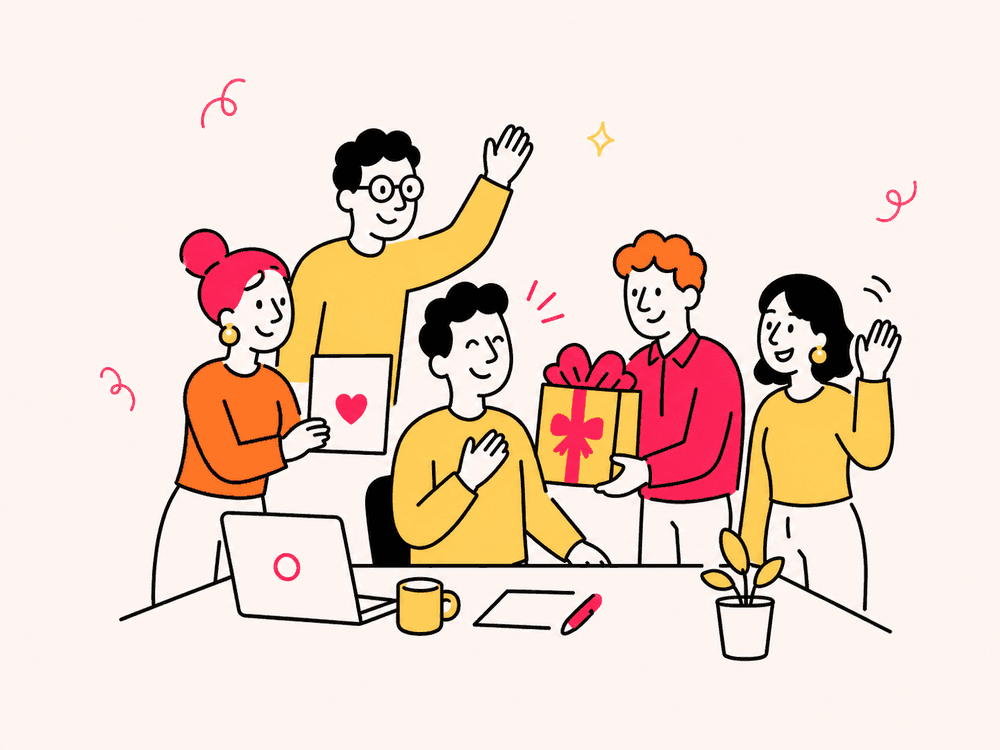 A team gathered round giving a card and a gift